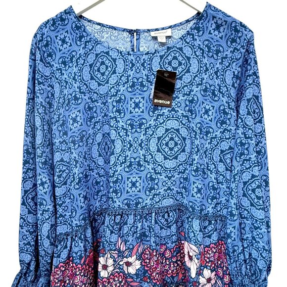 AVENUE Blue Boho Blouse Plus Size 20 Rayon Tunic Top Long Sleeve NWT - Picture 3 of 14